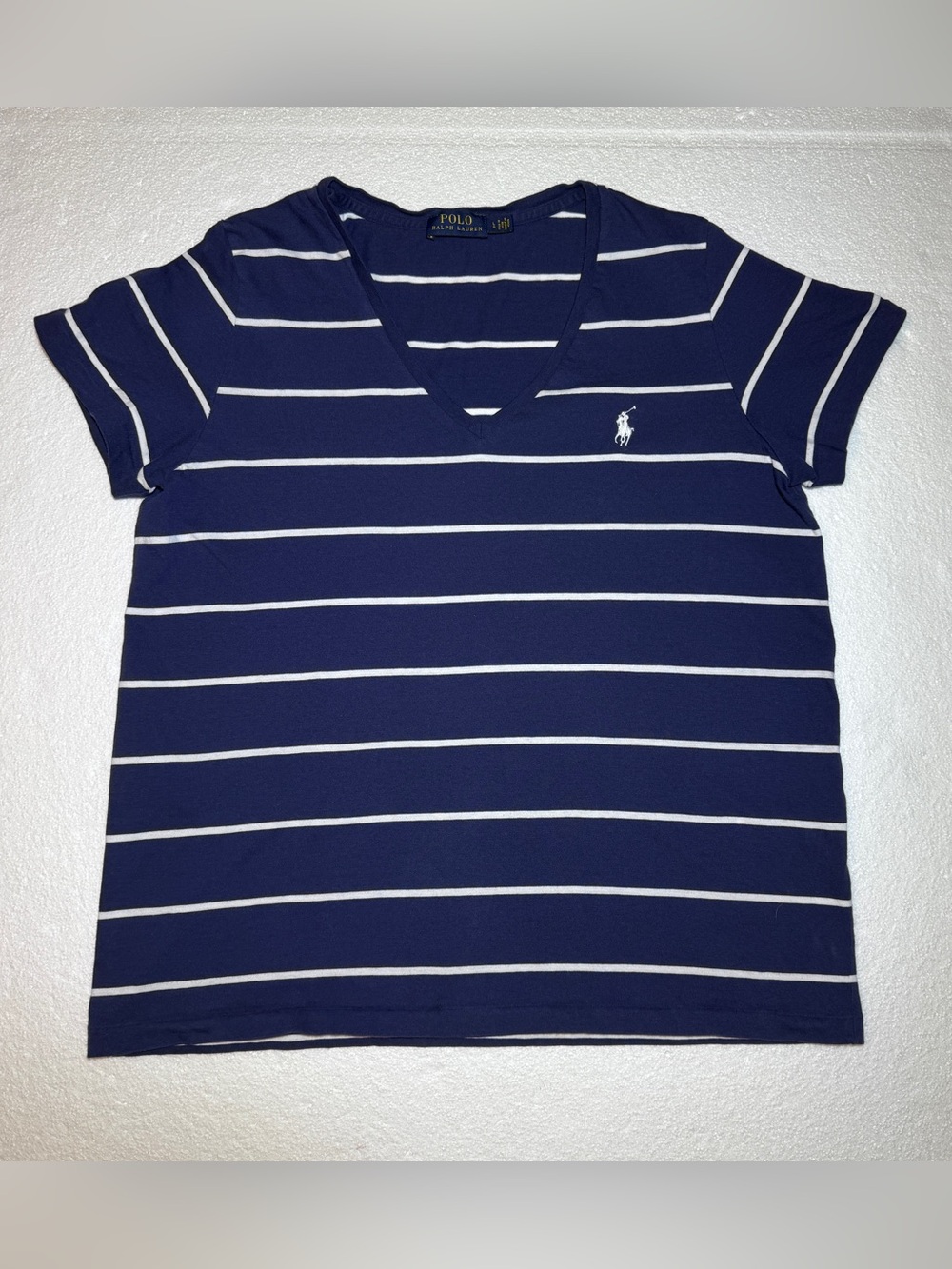 Polo by Ralph Lauren Navy & White Striped V-Neck Tee Pony Logo Women’s L